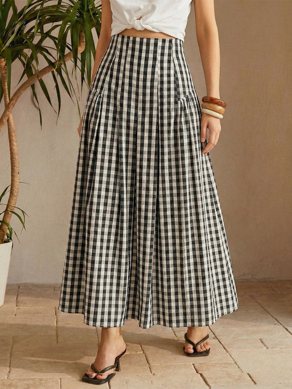 Commense Black and White Gingham Maxi Skirt